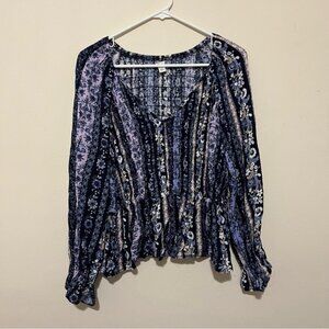 cato | blue / multicolor floral stripe printed peasant blouse | large